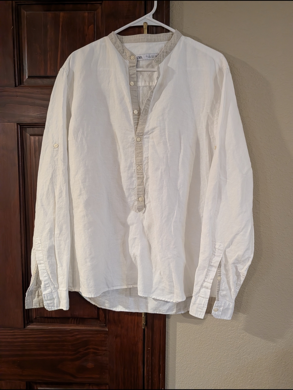 Linen Women's White Long-Sleeve Henley Shirt with Contrast Placket